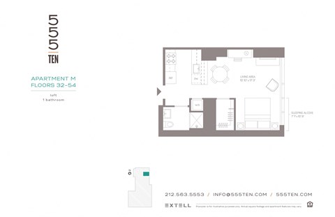 Floor plan for 1 bed, 1 bath, 512 sqft